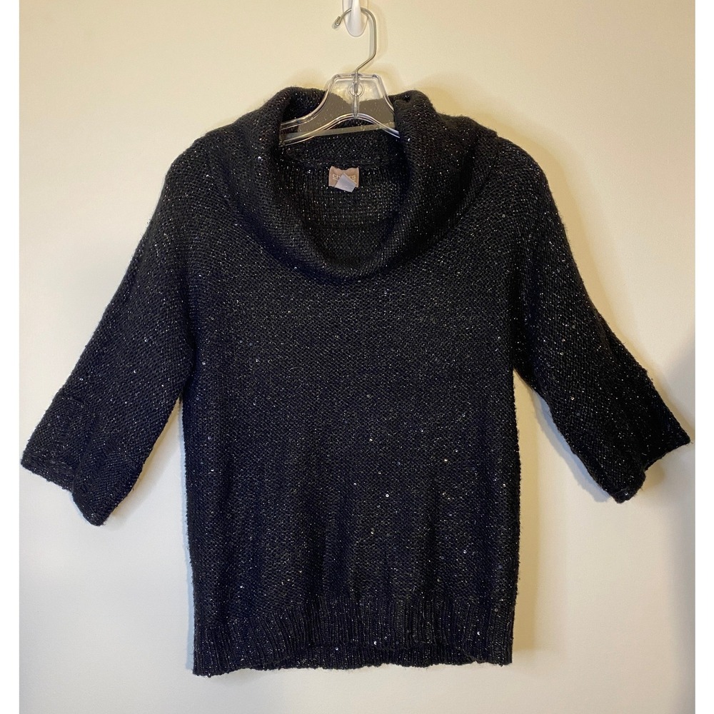 Chico's Black Sequin Cowl Neck Sweater Metallic Knit‎ Elbow Sleeve Size 0 Small